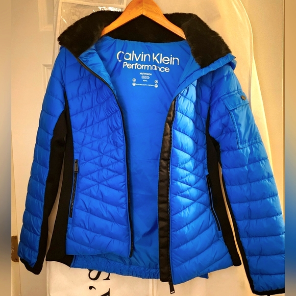 Women's Calvin Klein Performance Puffer Coat Blue with Black Faux Fur sz XS - Picture 10 of 11